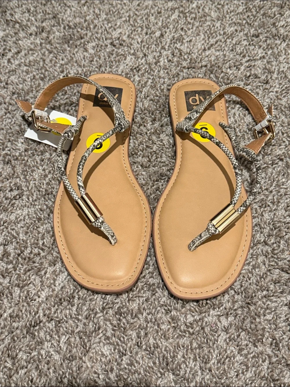 DV by Dolce Vita Tan Sandals with Snake-Print Straps and Gold Accents